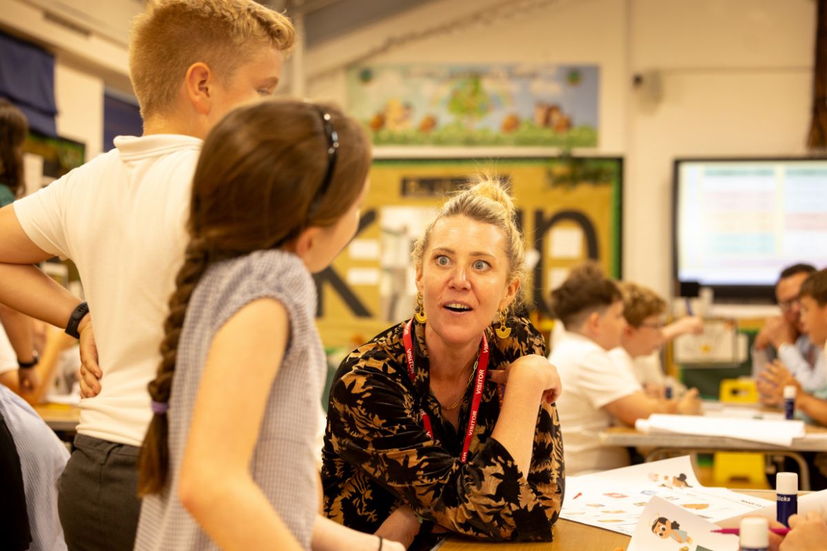Florence Tewson, FutureJam Founder & Director with pupils from Hayton Church of England Primary School