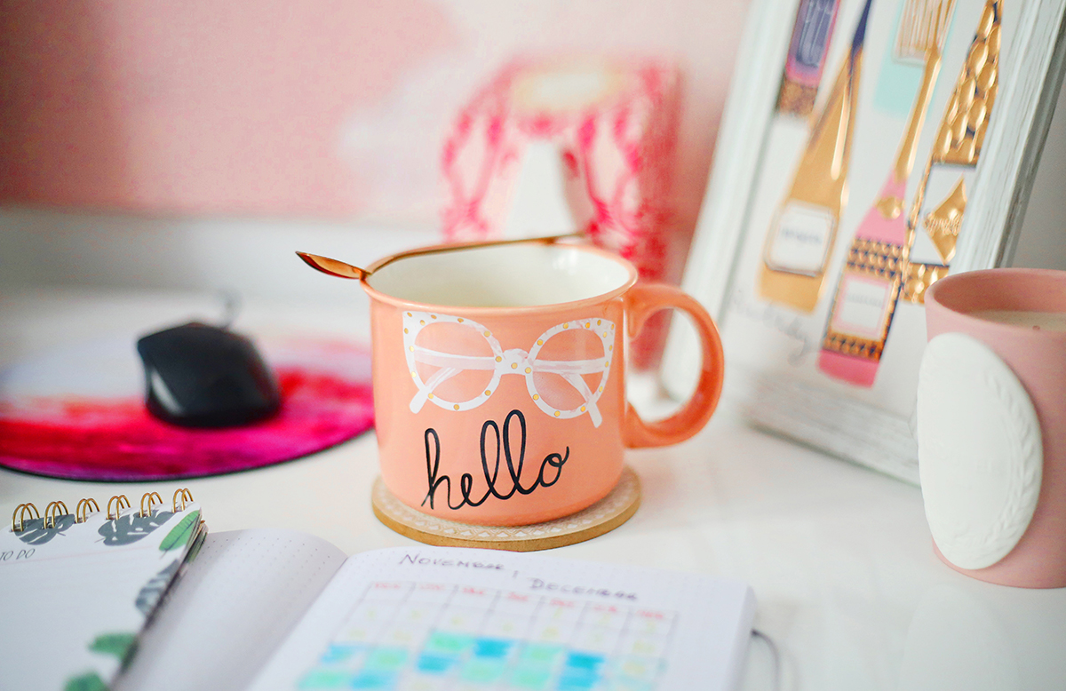 Pink mug on a desk in a first time buyer's home